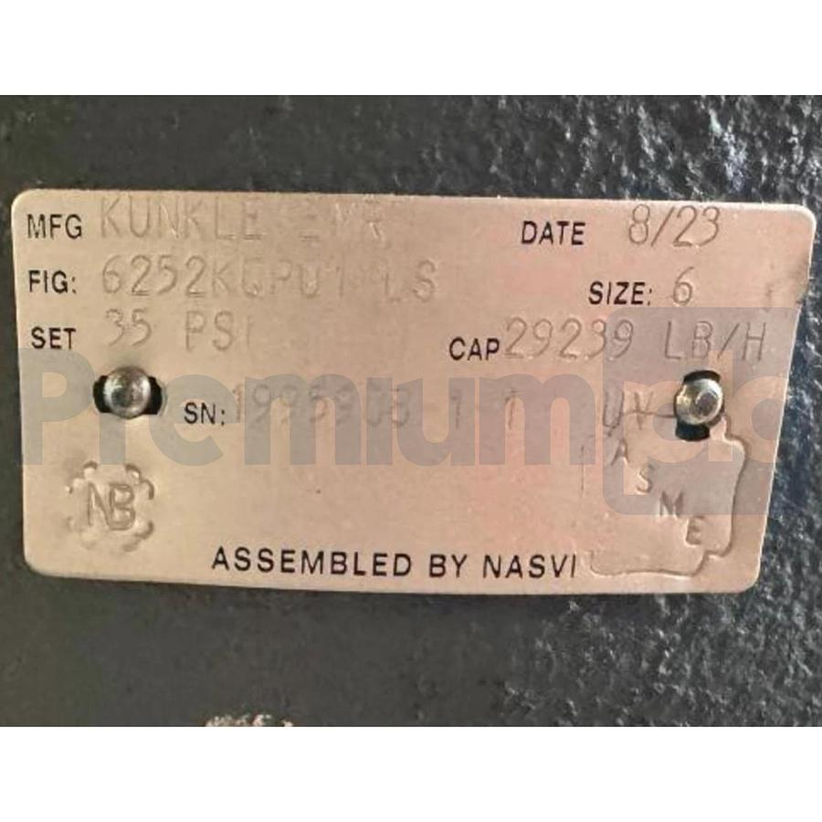 Kunkle 6252 Steam Safety Relief Valve 6"x8" Set @ 35PSI 29239LB/H 6252KQP01-LS
