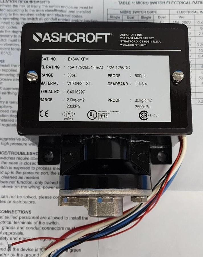 Used NIB ASHCROFT B464V XFM PRESSURE SWITCH B464VXFM RANGE: 30PSI
