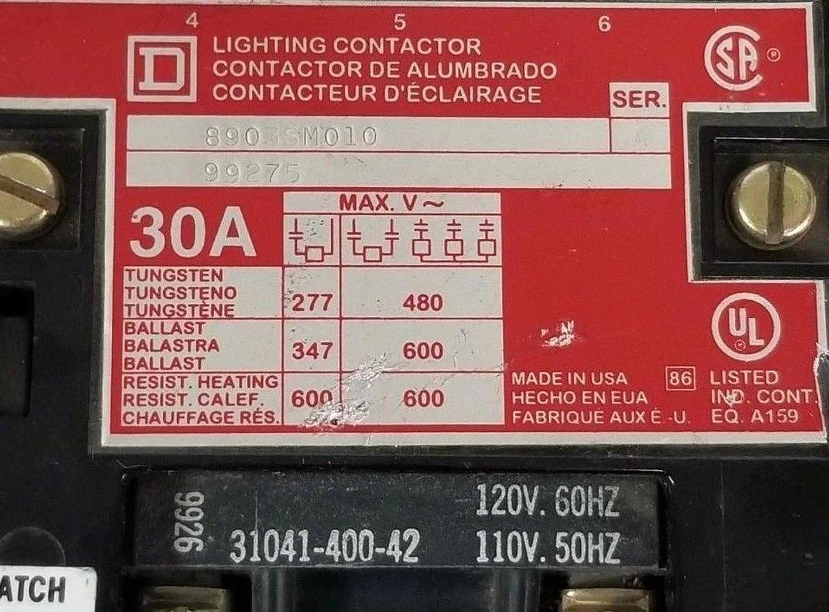 Used SQUARE D 8903SM010 SERIES A LIGHTING CONTACTOR, 30A