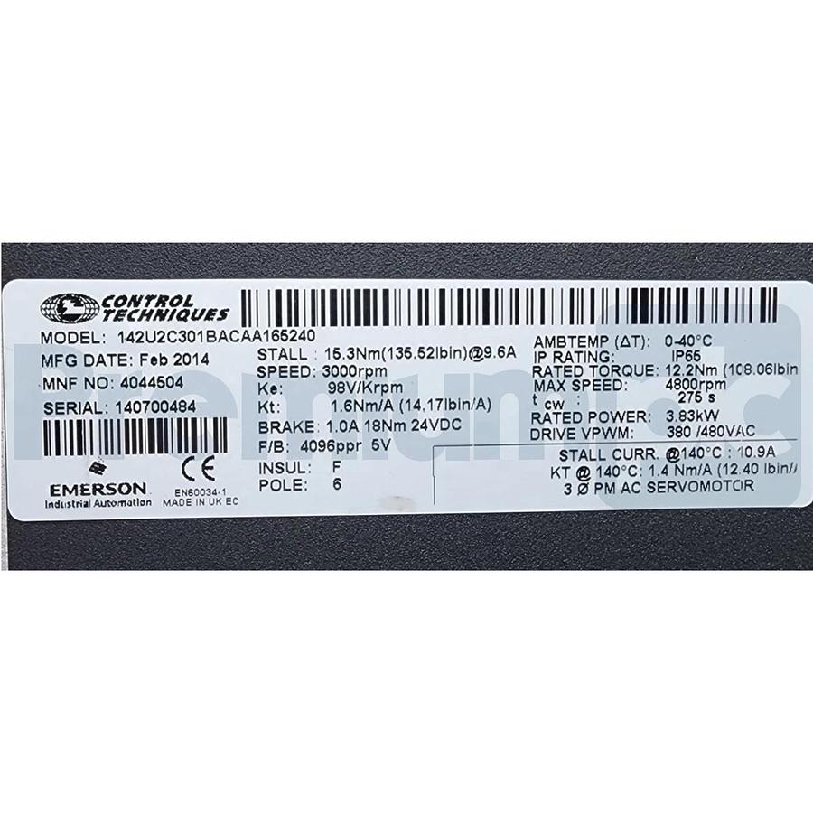 Emerson Control Techniques 142U2C301BACAA165240 Unimotor FM Servo Motor w/Brake