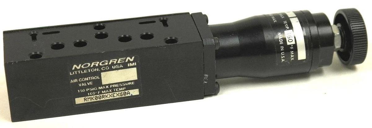 Used NORGREN RMK00RKXEXS0A AIR CONTROL VALVE INLET 150 PSIG, OUTLET 50 PSIG MAX