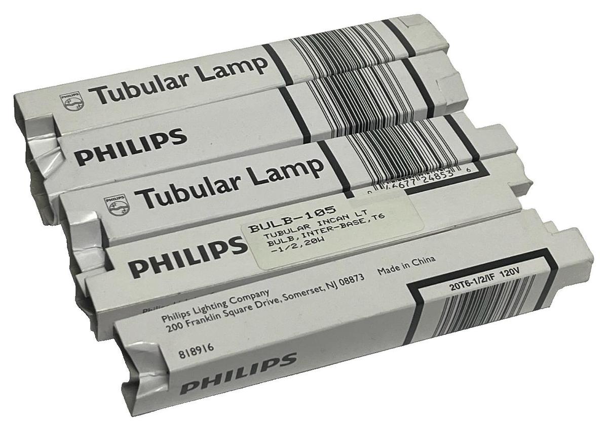 Used (5) Philips 20T6-1/2/IF Tubular Light Bulbs 20W 120V Frosted Intermediate E17