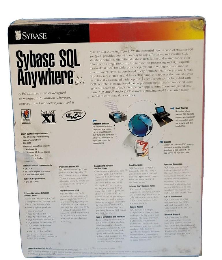 NEW SEALED SYBASE SQL ANYWHERE FOR QNX SUPPORTS WINDOWS 95, NT SSA 5.5.04