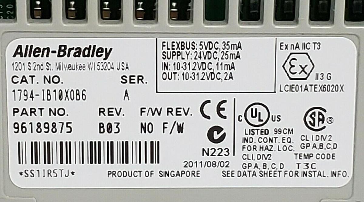 Used ALLEN BRADLEY 1794-IB10XOB6 FLEX I/O 24 VDC SINK INPUT/SOURCE OUTPUT SER. A