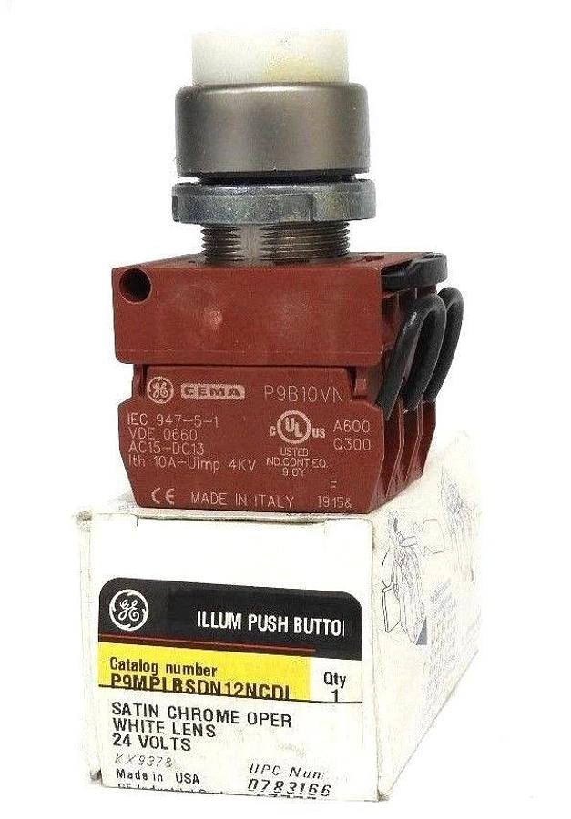 Used NIB GENERAL ELECTRIC P9MPLBSDN12NCDI SATIN CHROME OPER WHITE LENS 24V PUSHBUTTON