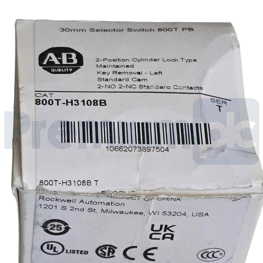 Allen-Bradley 800T-H3108B /T 30mm 2-Pos Cylinder Lock Selector Switch 2-NO/2-NC
