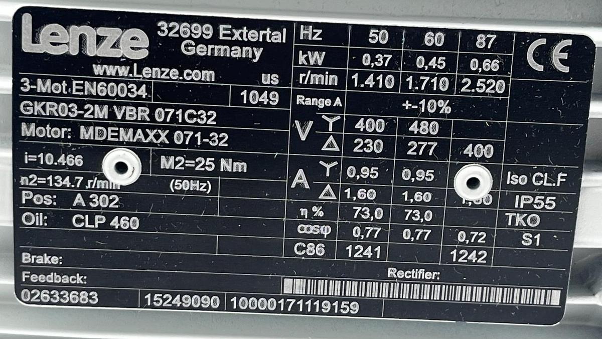 Used LENZE GKR03-2M VBR 071C32 Geared Motor 1.5 HP 1.1 kW 230/460V 3-Ph Helical-Worm