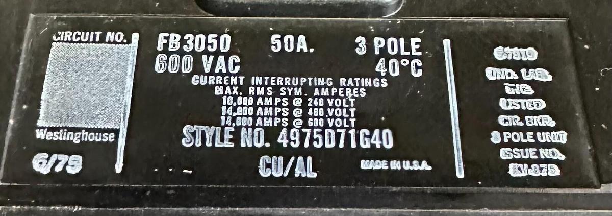 Used WESTINGHOUSE FB3050 / 4975D71G40 CIRCUIT BREAKER 600Vac 3-POLE 50A