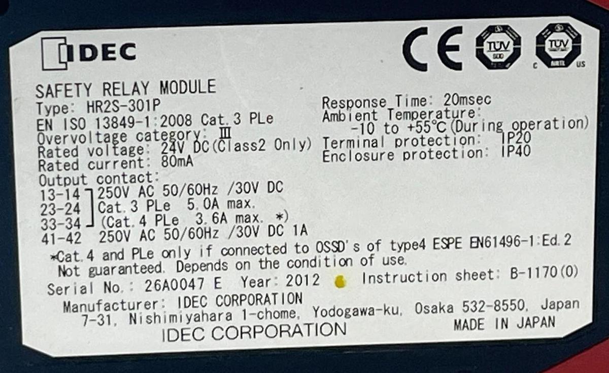 Used IDEC HR2S-301P Safety Relay Module 24VDC Dual Channel 3 N.O. Safety Outputs HR2S
