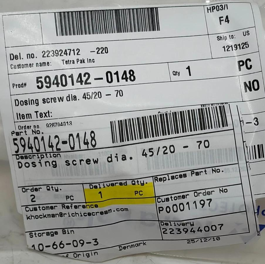 Tetra Pak 5940142-0148 Dosing Screw dia. 45/20 - 70 Ice Cream Mixer Part New
