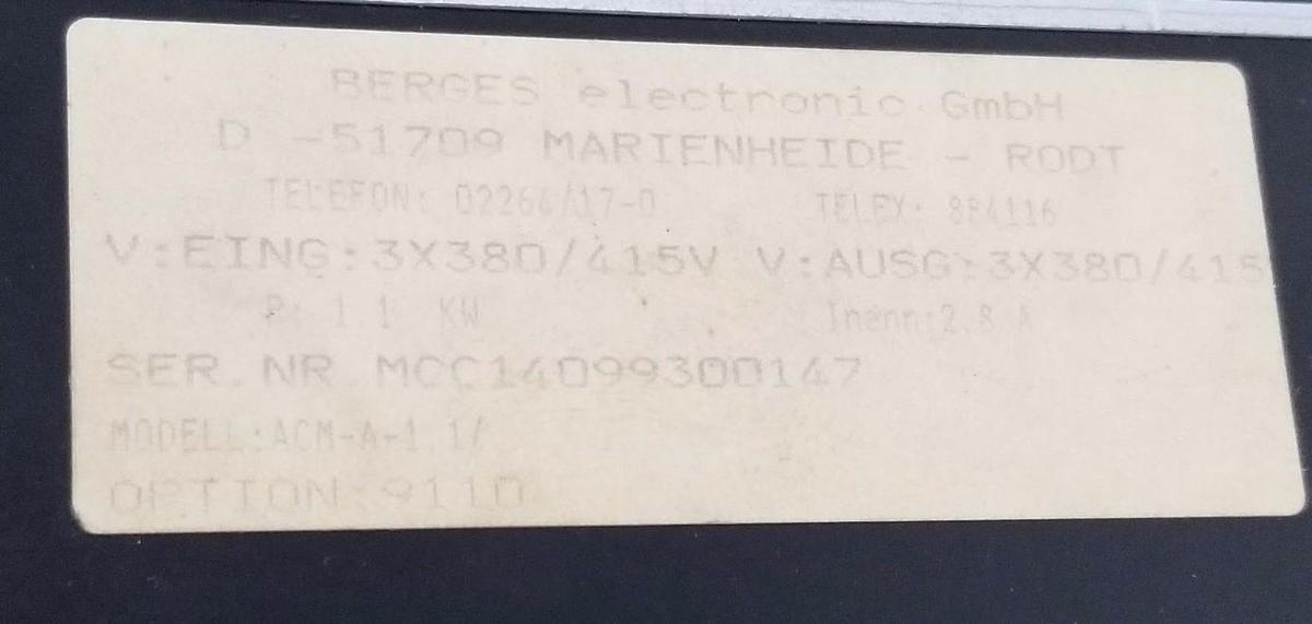 Used BERGES ACM-A-1 SERVO DRIVE INVERTER U030, D-51709, ACM-A-1.1/A