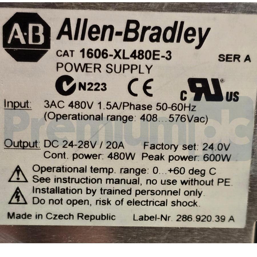 Used ALLEN BRADLEY 1606-XL480E-3 /A DC POWER SUPPLY 480W, 3AC 480V, 24V/20A NSMP