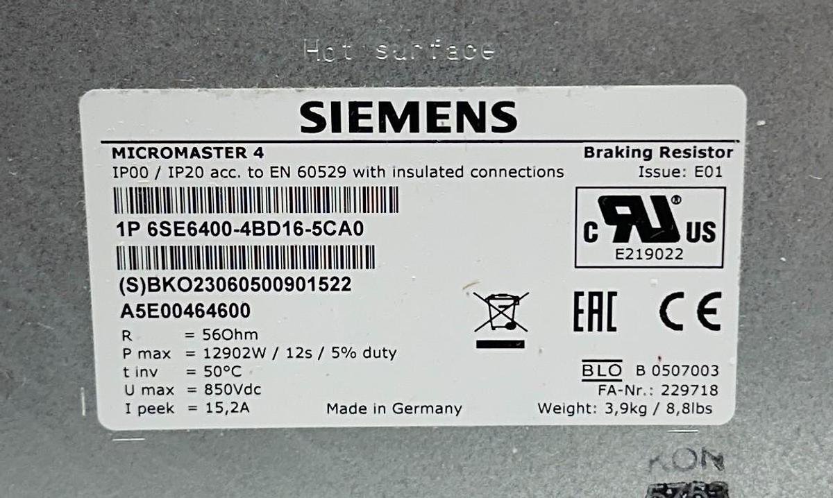 Used SIEMENS 6SE6400-4BD16-5CA0 / 6SE64004BD165CA0 MICROMASTER BRAKING RESISTOR NSMP