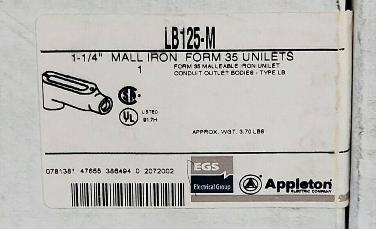 (9) NIB APPLETON LB125-M 1-1/4INCH MALL IRON FORM 35 UNILETS TYPE LB CONDUITS