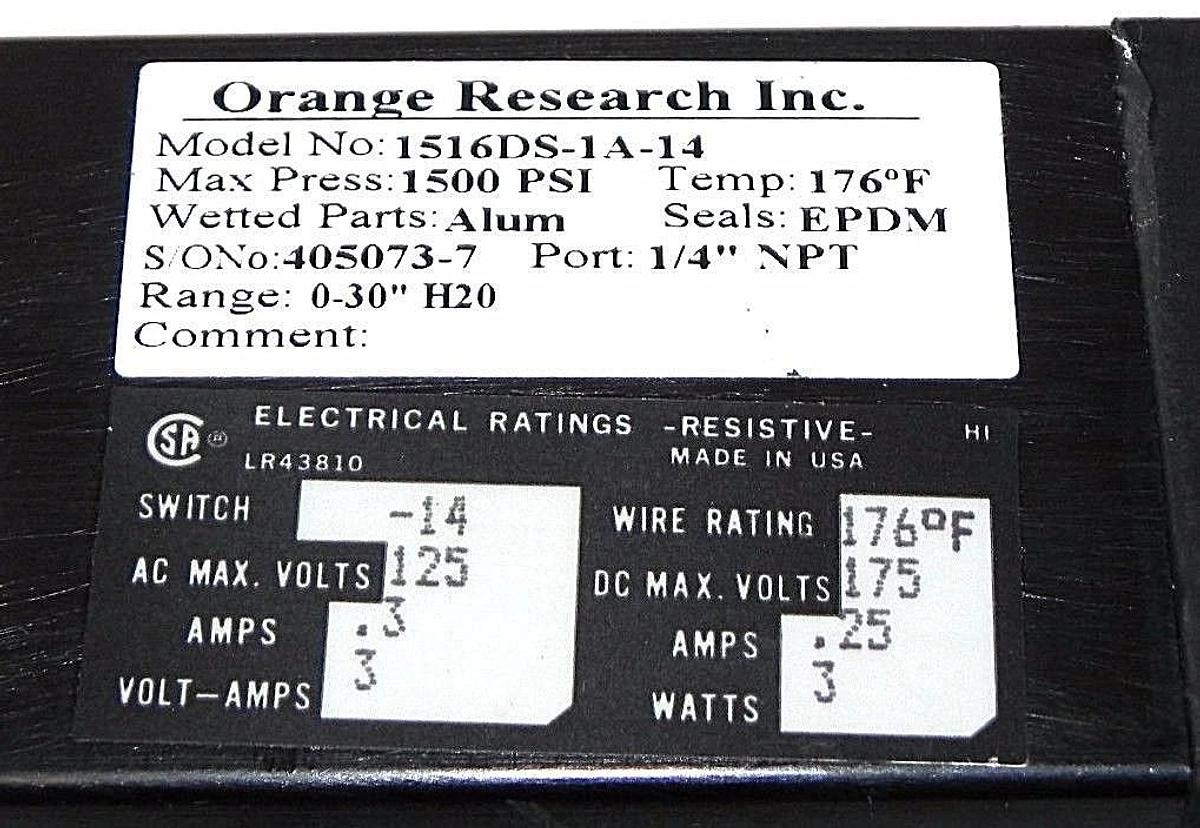 NEW ORANGE RESEARCH INC. 1516DS-1A-14 FLOW CONTROL DIFFERENTIAL, 1516DS1A14