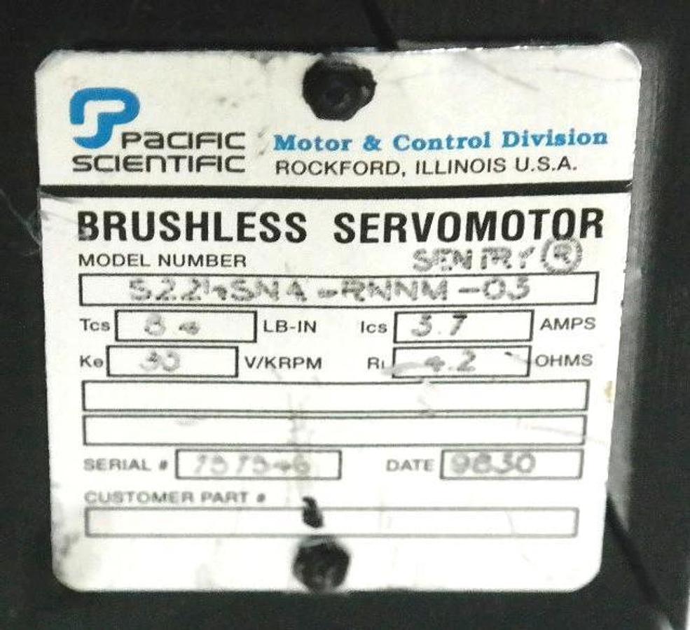Used PACIFIC SCIENTIFIC S22HSNA-RNNM-03 BRUSHLESS SERVOMOTOR 3.7A, 4.2OHM 8.4LB-IN