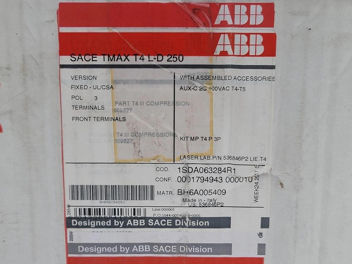NEW ABB SACE TMAX T4 L-D 250 CIRCUIT BREAKER 1SDA063284R1 W/ ACCESSORIES