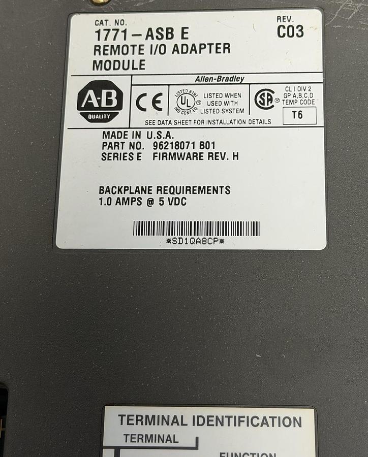 Used ALLEN BRADLEY 1771-ASB /E REV. C03 REMOTE I/O ADAPTER MODULE F/W REV: H