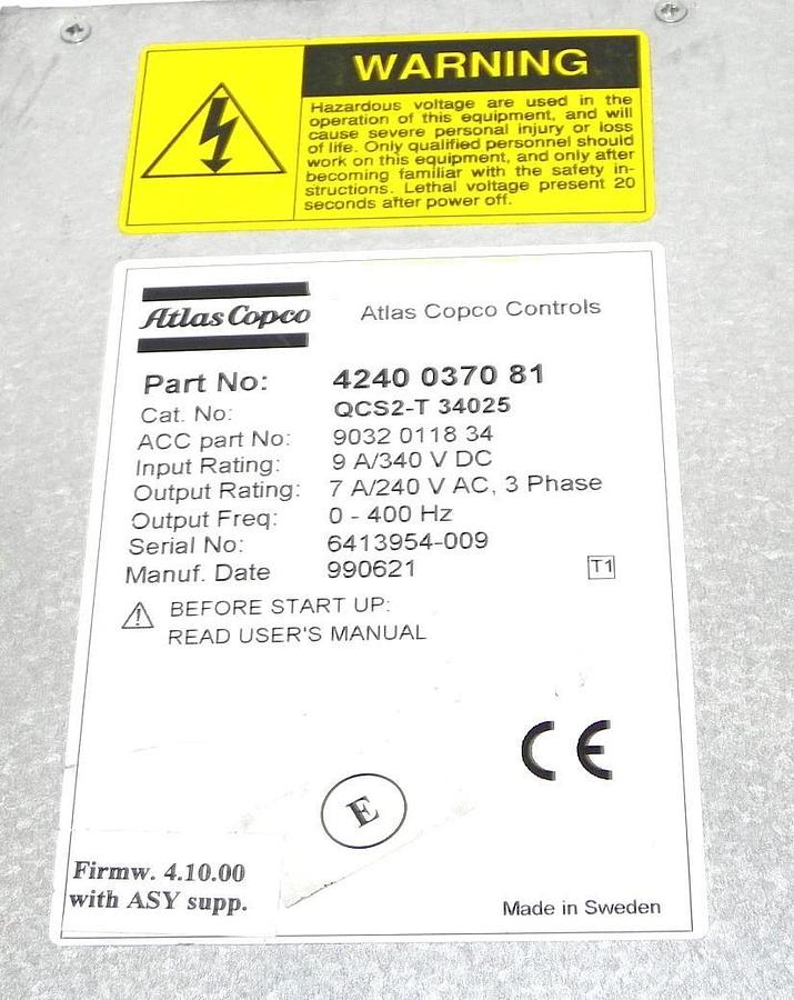 Used ATLAS COPCO 4240 0370 81 SERVO CONTROL MODULE QCS2-T 340 25 ACC P/N: 9032011834