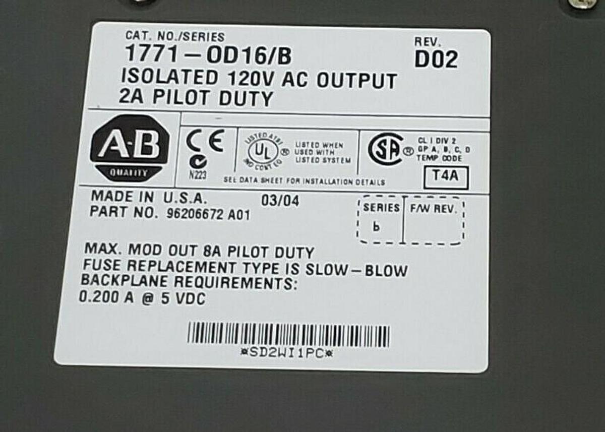 Used ALLEN-BRADLEY 1771-OD16 SER. B ISOLATED 120V AC OUPUT MODULE 1771-OD16/B REV D02