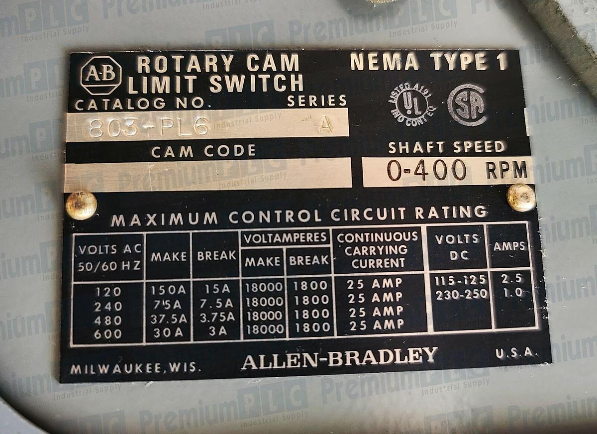 Used NEW ALLEN BRADLEY 803-PL6 ROTARY CAM LIMIT SWITCH SER. A, 0-400 RPM 803PL6