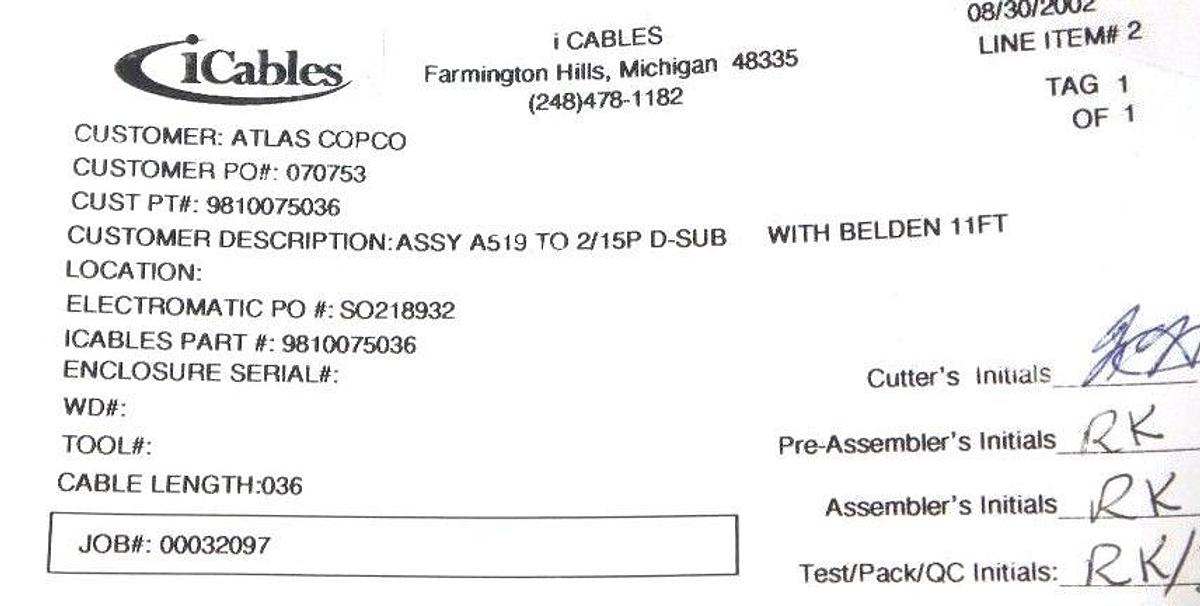 NEW ATLAS COPCO 9810075036 CABLE ASSEMBLY