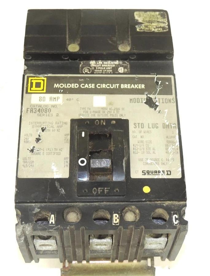 Used SQUARE D FR34080 SERIES 2 MOLDED CASE CIRCUIT BREAKER 80AMP, 40DEG. C, 240-480V