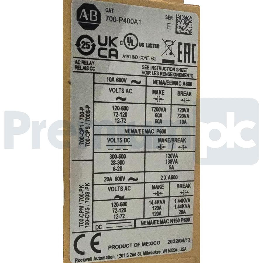 Allen-Bradley 700-P400A1 /E Type P Control Relay 110/120V AC Coil, 4 N.O. NSMP