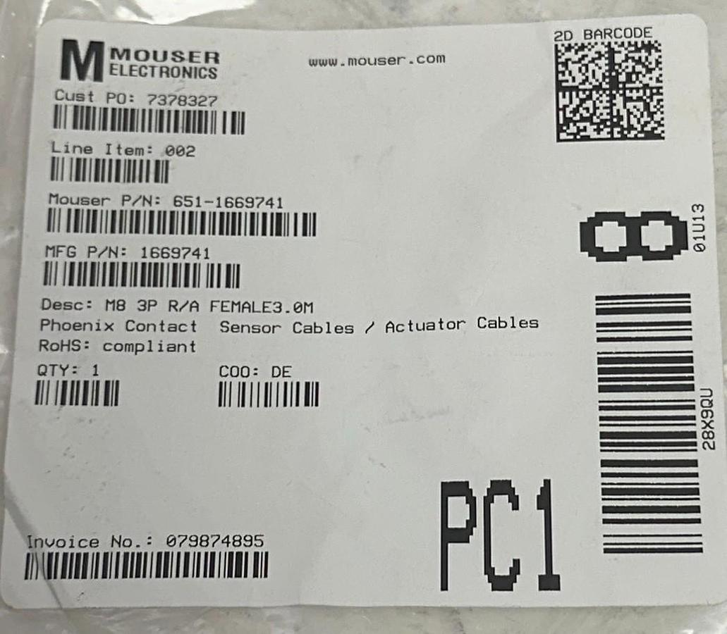 Used PHOENIX CONTACT SAC-3P-3,0-PUR/M 8FR / 1669741 SENSOR / ACTUATOR CABLE 3M NSNP