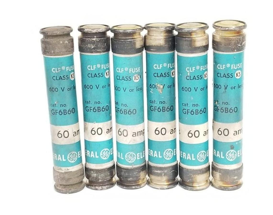Used LOT OF 6 GENERAL ELECTRIC GF6B60 CLASS K5 FUSES 60AMP, 600V