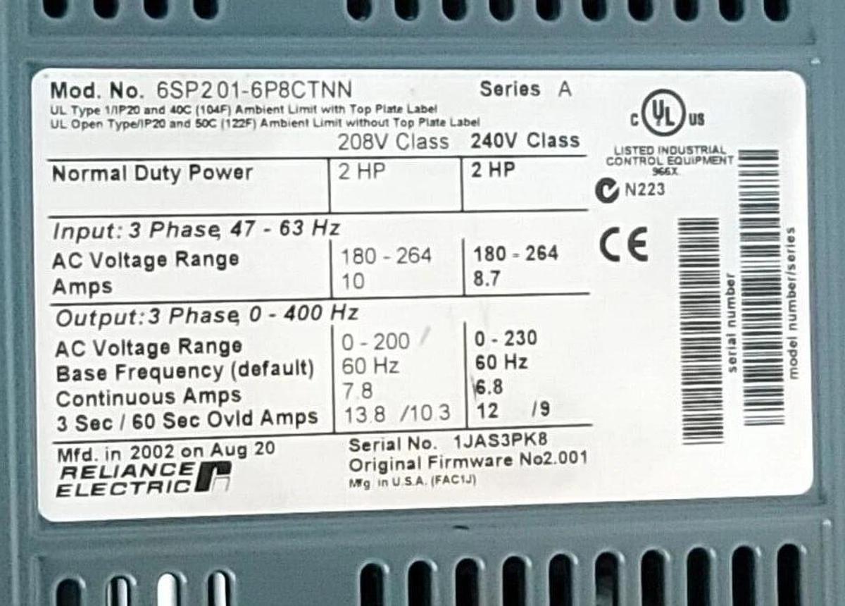 Used RELIANCE ELECTRIC 6SP201-6P8CTNN /A SP600 AC DRIVE 2HP FRN: 2.001 6SP2016P8CTNN