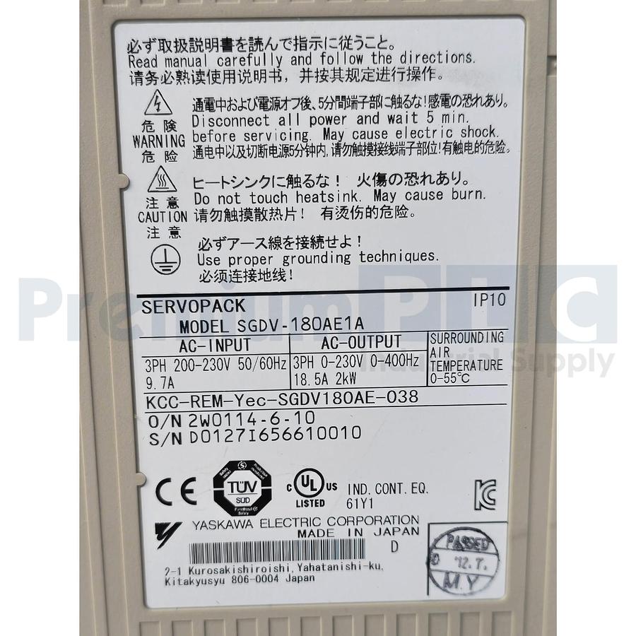 Used YASKAWA SGDV-180AE1A000000300 SigmaLogic SERVO AMPLIFIER 2KW 200V w/MP2600 NSMP