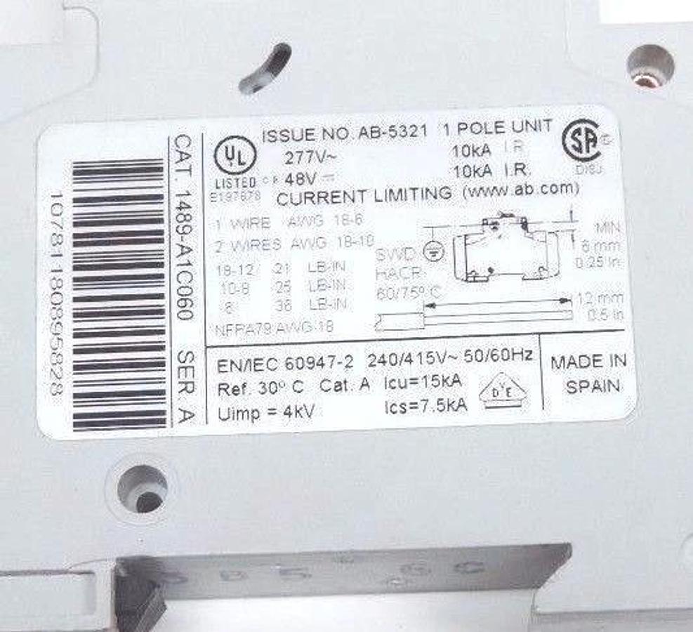 Used LOT OF 2 ALLEN BRADLEY CIRCUIT BREAKERS 1489-A15150 & 1489-A1C060 SER A, 277V