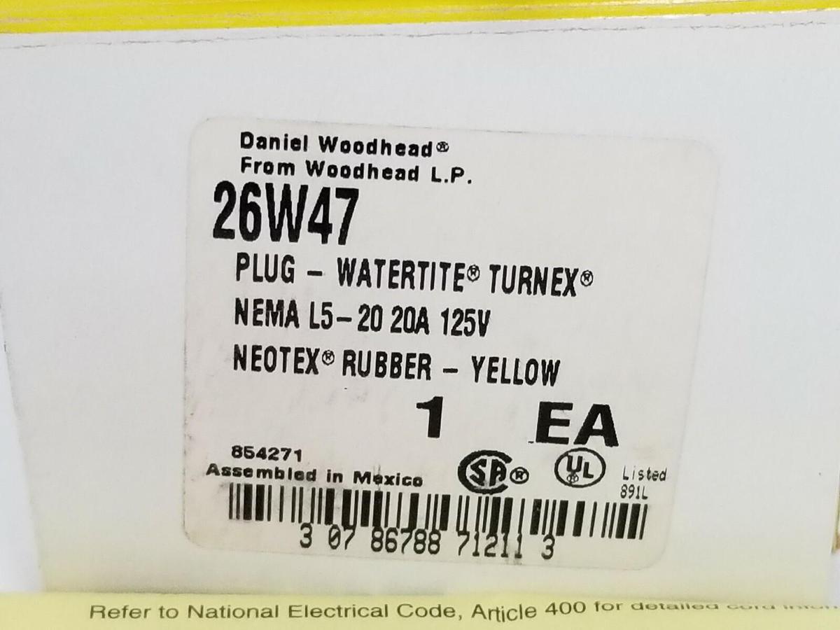 NIB DANIEL WOODHEAD 26W47 PLUG-WATERTITE TURNEX YELLOW