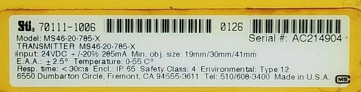Used STI MS46-20-785-X 70111-1006 TRANSMITTER & MS46-20-785-R-FN 70112-1006 RECEIVER