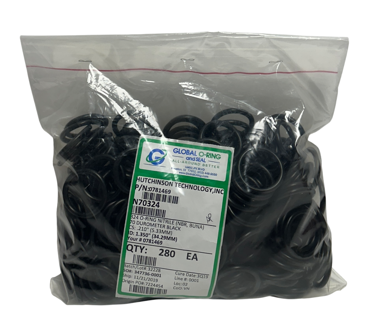 Used 280 GLOBAL O-RING AND SEAL N70324 O-RINGS 70 DURO BLACK 1.350'' ID 0781469 NSMP