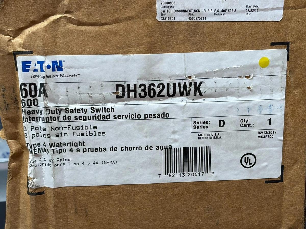 Eaton DH362UWK Heavy Duty Safety Switch 60A 3P 600V Non-Fusible NEMA 4X S.S NEW