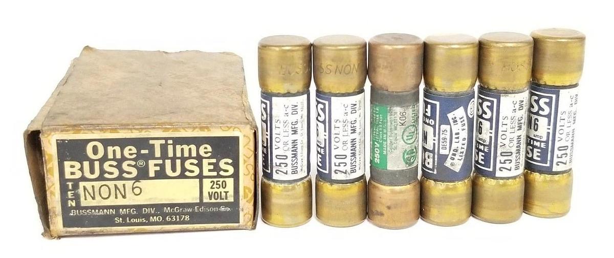 Used LOT OF 6 COOPER BUSSMANN NON 6 ONE-TIME FUSES NON6, 6AMP, 250VAC