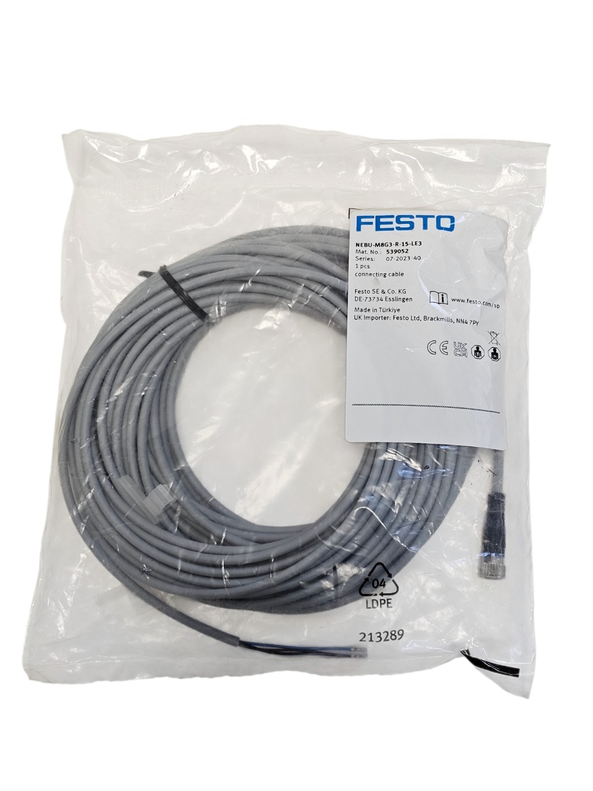 NEW FESTO NEBU-M8G3-R-15-LE3 CONNECTING CABLE MAT. NO. 539052