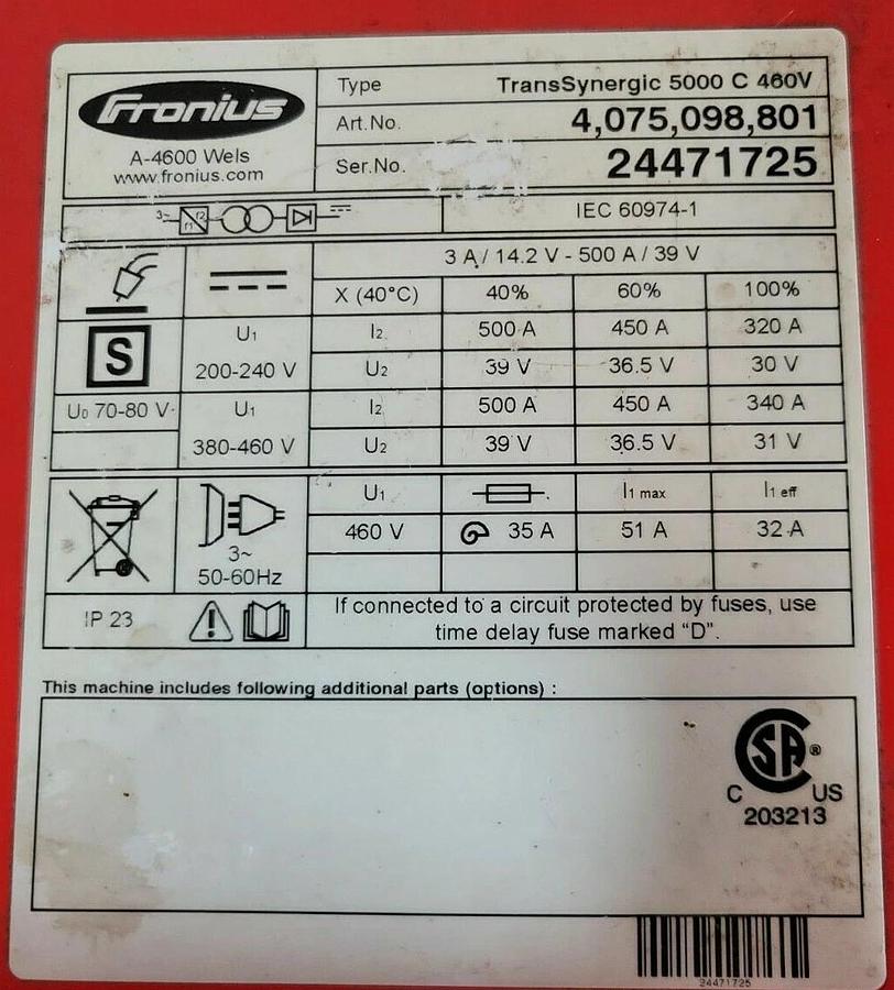 Used FRONIUS TRANSSYNERGIC 5000 C 460V ART NO. 4,075,098,801 WELDER 4,045,990