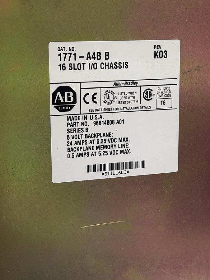 Used ALLEN BRADLEY 1771-A4B /B 16 SLOT I/O CHASIS REV. K03 P/N: 96814808 A01 SER. B