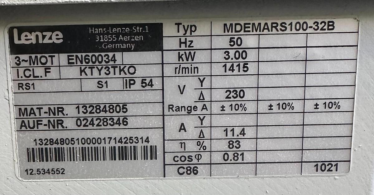 Used NEW LENZE MDEMARS100-32B MOTOR 3kW 3-MOT 13284805 50Hz KTY3TKO EN60034