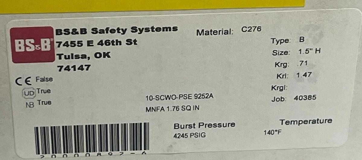 BS&B 1.5" Rupture Disk Type B Hastelloy C276 Burst 4245 PSIG @ 140 F 1.5 Inch