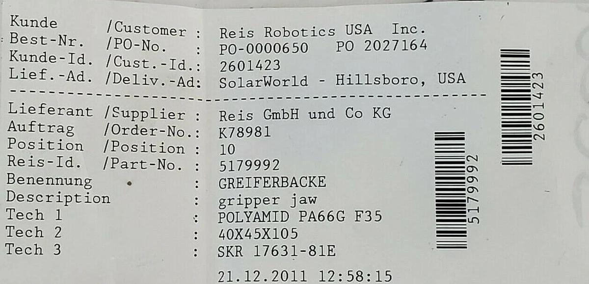 LOT OF 2 NEW REIS ROBOTICS 5179992 GRIPPER JAWS K78981 2601423