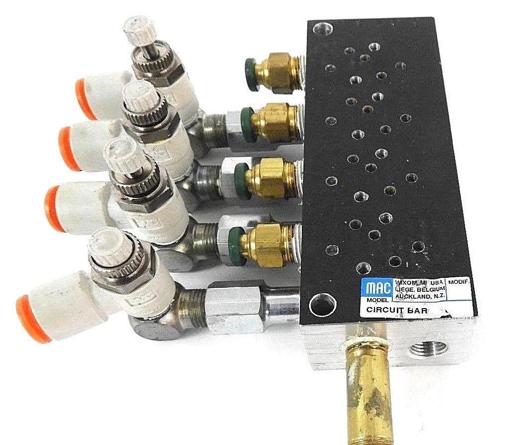 Used MAC CIRCUIT BAR W/ (4) SMC AS2201F-N01-04K FLOW CONTROL FITTINGS