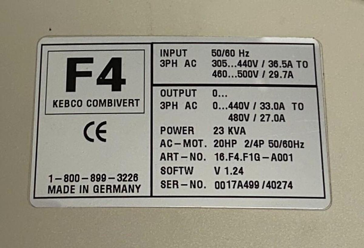 Used KEBCO KEB 16.F4.F1G-A001 - 16F4F4F1G-A001 F4 COMBIVERT INVERTER 20HP 23KVA REMAN