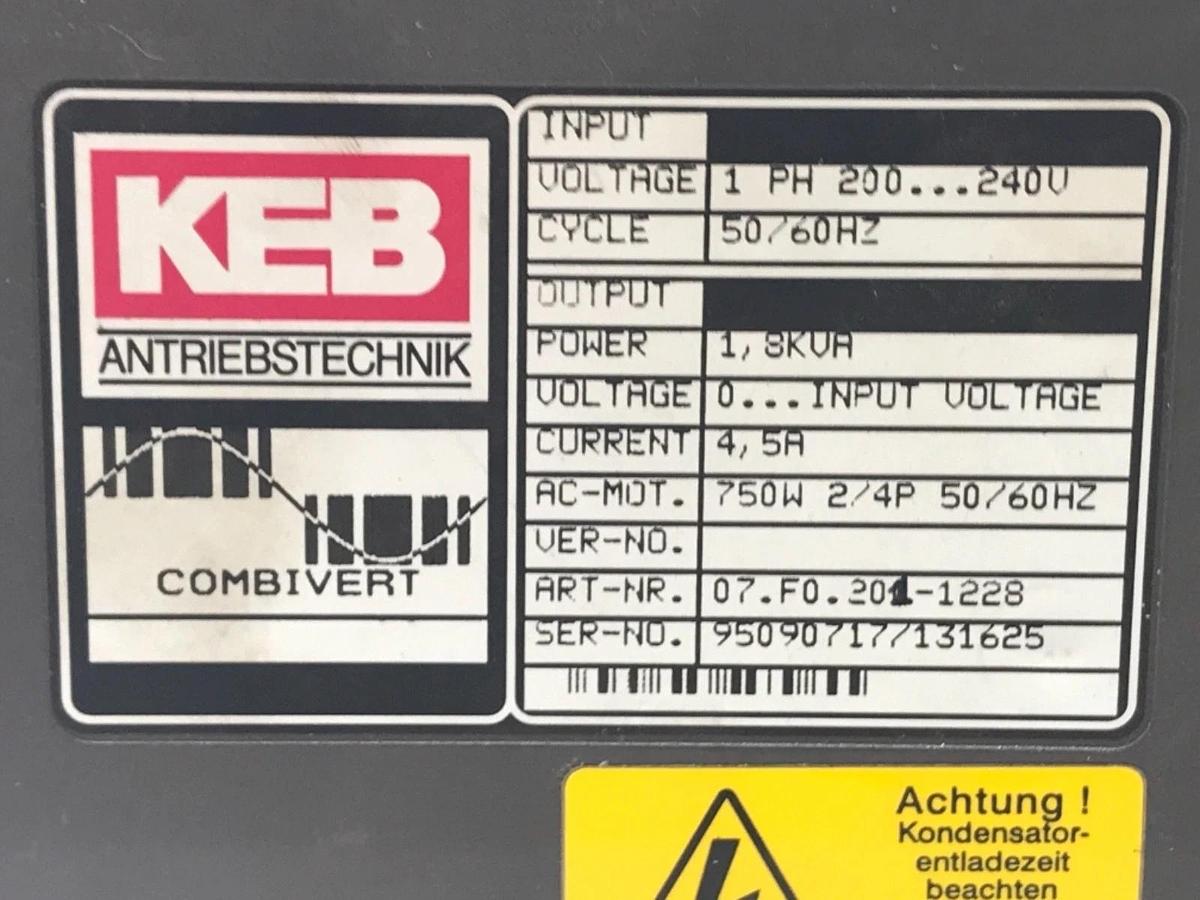 Used KEB 07.F0.201-1228 COMBIVERT DRIVE 1PH, 200-240V, 50/60HZ 1,8KVA 4,5A