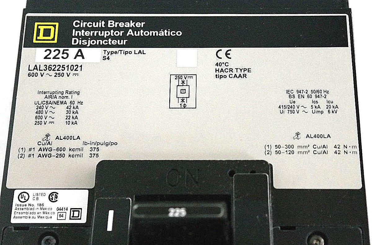 Used NEW SQUARE D LAL36225 FA/LA MOLDED CASE CIRCUIT BREAKER 600V 225A LAL362251021
