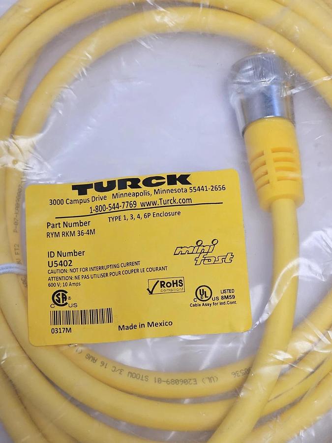 Used NEW TURCK RYM RKM 36-4M DOUBLE ENDED CORDSET ID NUMBER: U5402 (4 METER LENGTH)