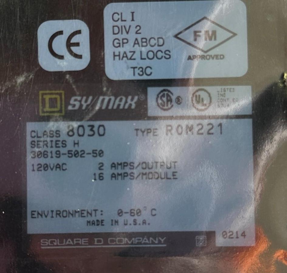 Used NEW SQUARE D 8030-ROM221 / 30619-502-50 Ser. H SY/MAX 16-PT 120VAC OUTPUT MODULE